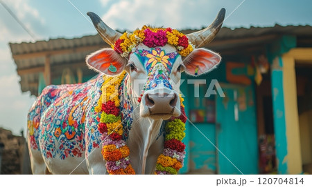 A white cow painted with floral patterns, with marigold garlands, near rural house. Makar Sankranti 120704814