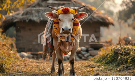 White Indian cow in marigold garland, standing near traditional hut in rural India. Makar Sankranti 120704923