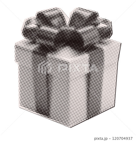 Square gift box with bow - Christmas halftone collage torn out paper sticker. Cut out of magazine shape, clipping scrap of paper. 120704937