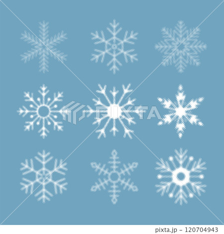 Dotted halftone snowflakes set, ornate Polka dot winter snowy elements collection. Vector vintage illustration 120704943
