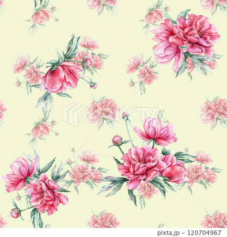 Seamless pattern with watercolor bouquet of pink peony flowers in full bloom. Hand drawn illustration beautiful floral flower. Repeat wallpaper with summer botanical plant on isolated. Seamless pattern with watercolor bouquet of pink peony flowers in full bloom. Hand drawn illustration beautiful floral flower. Repeat wallpaper with summer botanical plant on isolated. 120704967