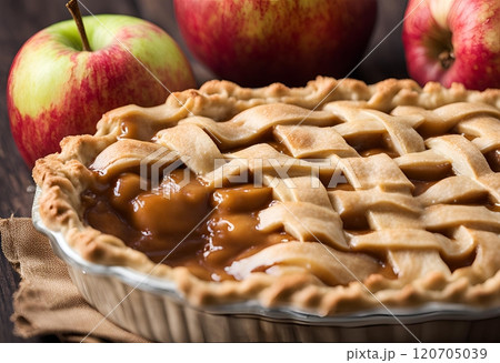 Caramel Apple Pie is a classic dessert featuring a flaky crust, tender apples and rich caramel sauce, creating a comforting and delicious treat. AI Generated 120705039