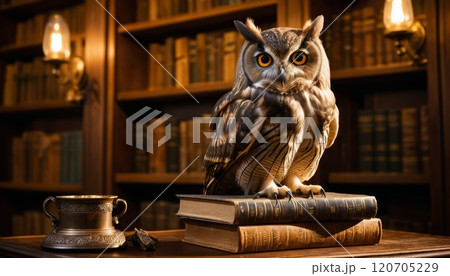 illustration portrait of an owl on a pile of books inside a library or university. 120705229