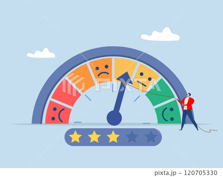 Customer feedback Performance rating,businessman pull the string to make rating gauge to be excellent opinion and review to evaluate result vector 120705330