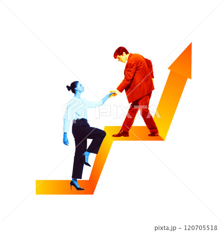 Businessman helping businesswoman climb graph arrow symbolizing growth, teamwork, and assistance in professional context. Contemporary art collage. 120705518