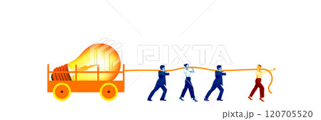 Employees pulling large light bulb on cart, led by business woman in orange, symbolizing teamwork, and innovation. Contemporary art 120705520