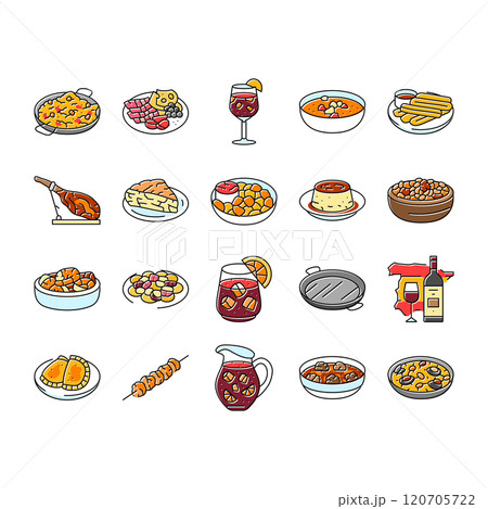 spanish cuisine food paella tapas icons set vector 120705722