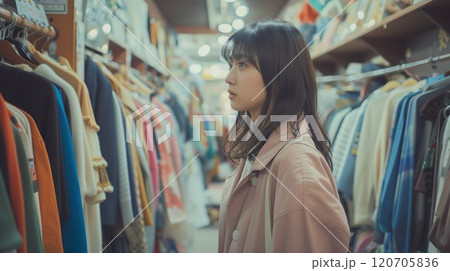 古着屋で買い物をするアジア人女性02 120705836