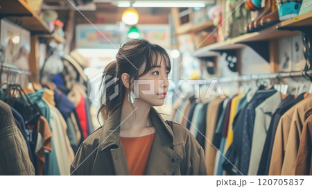 古着屋で買い物をするアジア人女性01 120705837
