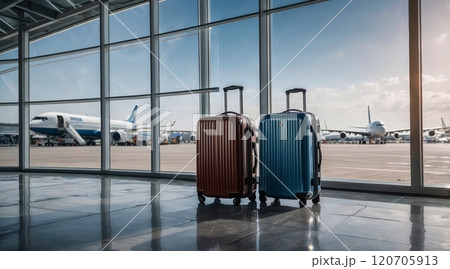 travel suitcases stand on the floor of the airport terminal 120705913