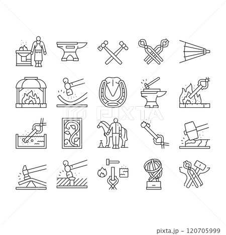blacksmith forge anvil hammer icons set vector 120705999