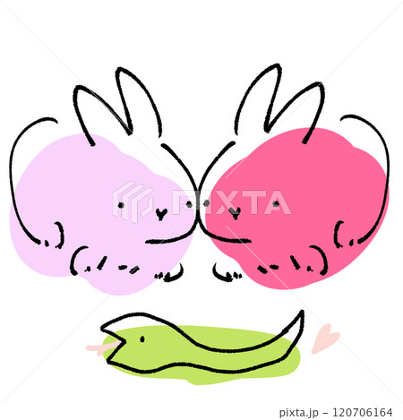 2羽のうさぎと1匹のヘビが仲良くしているかわいいシンプルな手描き