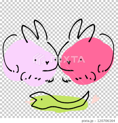 可愛簡單的手繪插畫，兩隻兔子和一條蛇相處得很好 120706164