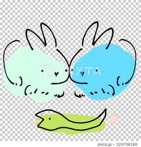 A cute and simple hand-drawn illustration of two rabbits and a snake getting along A cute and simple hand-drawn illustration of two rabbits and a snake getting along 120706166