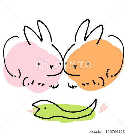 2羽のうさぎと1匹のヘビが仲良くしているかわいいシンプルな手描きイラスト 120706168