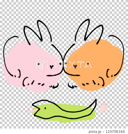 2羽のうさぎと1匹のヘビが仲良くしているかわいいシンプルな手描きイラスト 120706168