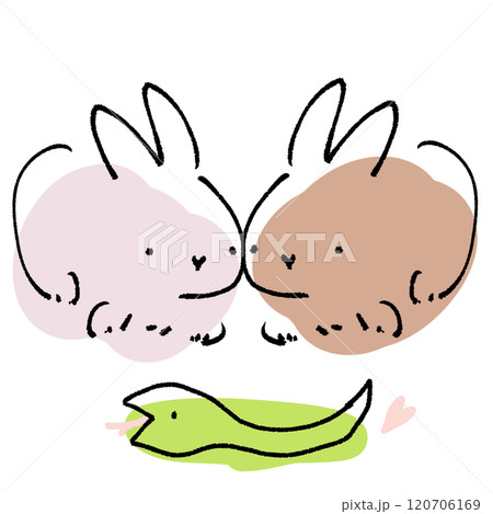 2羽のうさぎと1匹のヘビが仲良くしているかわいいシンプルな手描きイラスト 2羽のうさぎと1匹のヘビが仲良くしているかわいいシンプルな手描きイラスト 120706169