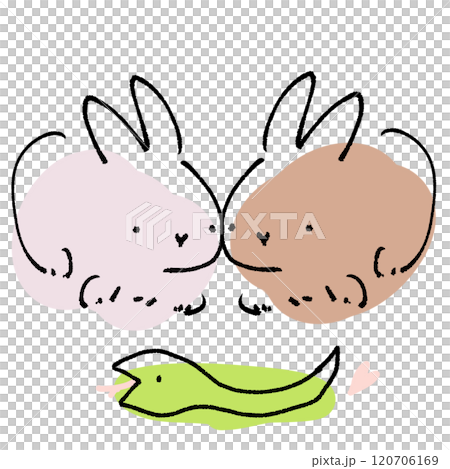 2羽のうさぎと1匹のヘビが仲良くしているかわいいシンプルな手描きイラスト 2羽のうさぎと1匹のヘビが仲良くしているかわいいシンプルな手描きイラスト 120706169