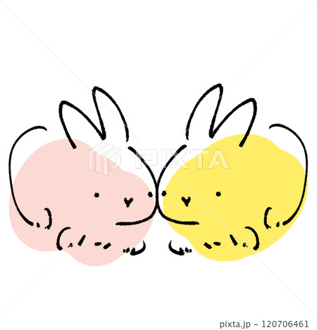 シンプルな2羽の寄り添っているかわいいうさぎの線画イラスト 120706461
