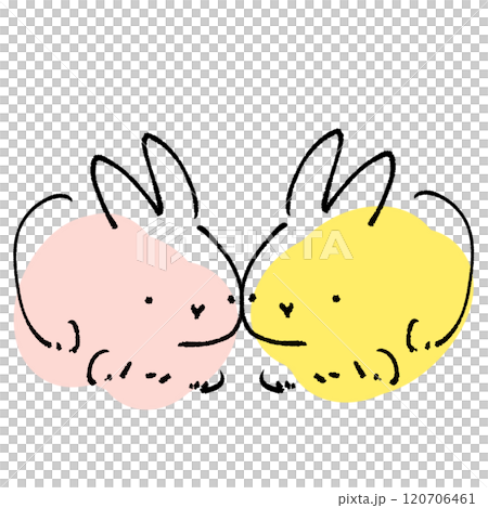 シンプルな2羽の寄り添っているかわいいうさぎの線画イラスト 120706461