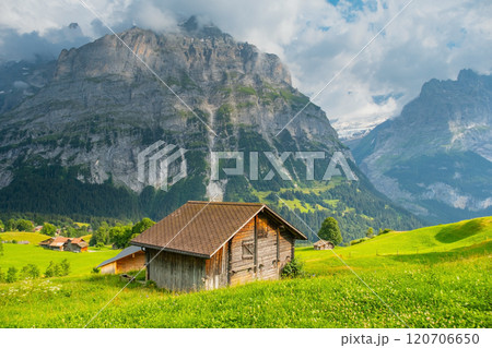 View on the alpine valley Grindelwald. Jungfrau, Switzerland. Under the Bernese alps. Mountain village. View on the alpine valley Grindelwald. Jungfrau, Switzerland. Under the Bernese alps. Mountain village. 120706650