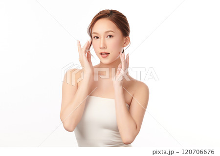 Beautiful young asian woman with clean fresh skin on white background, Face care, Facial treatment, Cosmetology, beauty and spa, Asian women portrait. 120706676