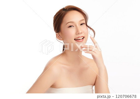 Beautiful young asian woman with clean fresh skin on white background, Face care, Facial treatment, Cosmetology, beauty and spa, Asian women portrait. Beautiful young asian woman with clean fresh skin on white background, Face care, Facial treatment, Cosmetology, beauty and spa, Asian women portrait. 120706678