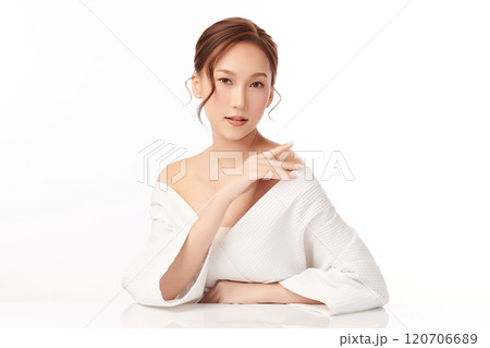 Beautiful young asian woman with clean fresh skin on white background, Face care, Facial treatment, Cosmetology, beauty and spa, Asian women portrait. 120706689