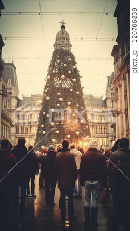 People in Christmas street near a decorated illuminated tree, 120706839