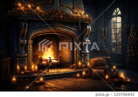 A room decorated with candles lights and gifts inside the house with fireplace. 120706842