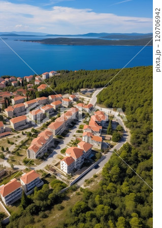 Aerial view of a stunning coastal residential area amid lush greenery and nature. An exquisite, luxurious modern villas 120706942