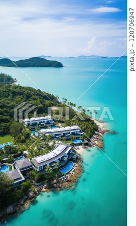 The ultimate Tropical Resort Paradise featuring an Infinity Pool and pristine Beach. Aerial view 120706947