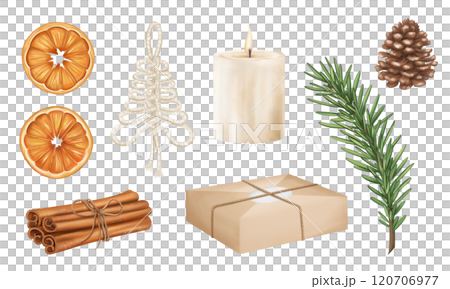 Christmas set with organic seasonal winter decor, oranges, cinnamon, spruce branches, candle, gift in natural color. Sustainable Christmas tree of recyclable material. Isolated holiday illustration 120706977