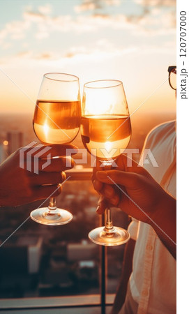 Gather together for a celebratory toast at sunset while clinking glasses of fine wine 120707000
