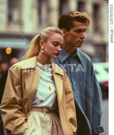 Young woman and man standing on street dressed in vintage outfits. Models show retro street fashion in the city. A Vibrant, Contemporary Cityscape and Atmosphere 120707053