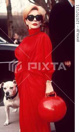 A stylish woman in red attire and chic sunglasses poses on the red carpet with her adorable dog 120707131