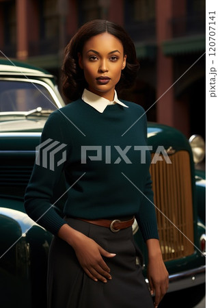 A Stunning and Elegant Fashion Portrait of a Beautiful Black Woman dressed in a fashionable dark emerald green outfit poses Featuring a Stylish Vintage Car in the Scene 120707141