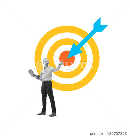 Goal. Businessman pointing at center of target with arrow symbolizing achievement and strategic focus. Conceptual design. 120707298