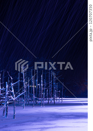 ライトアップされた雪に覆われた夜の湖 美瑛町 ライトアップされた雪に覆われた夜の湖 美瑛町 120707350