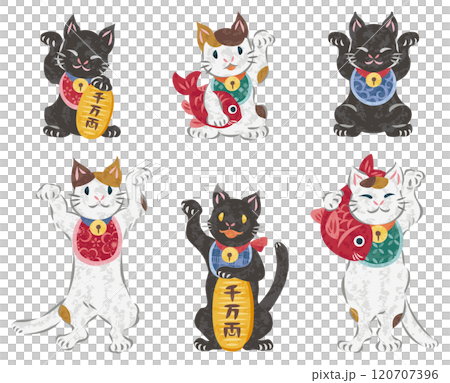 開運の招き猫 三毛猫と黒猫 イラストセットのイラスト素材 [120707396