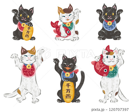 開運の招き猫　三毛猫と黒猫　イラストセット 120707397