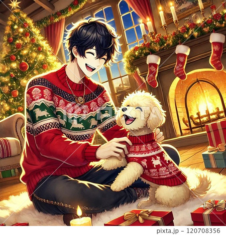 クリスマス・犬と遊ぶ男性 120708356