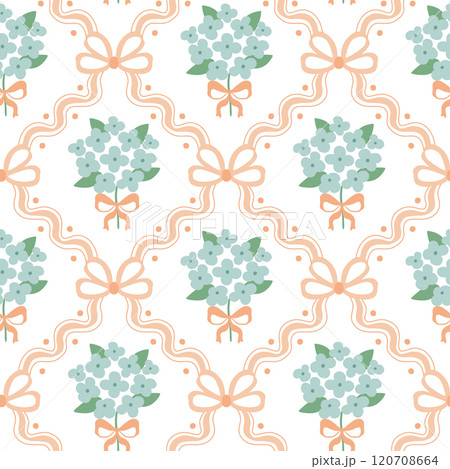 Bowknots, ribbons and hydrangea seamless pattern. Vector floral coquette grandmillennial wallpaper. Cottagecore trellis. 120708664