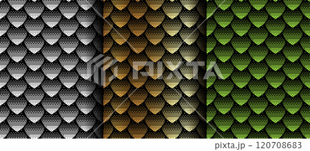 Seamless geometric pattern, snake fish, mermaid, dragon scales. Set texture pixel art style in white, gold, green colors, animal vector background for your design, cover and wallpaper 120708683