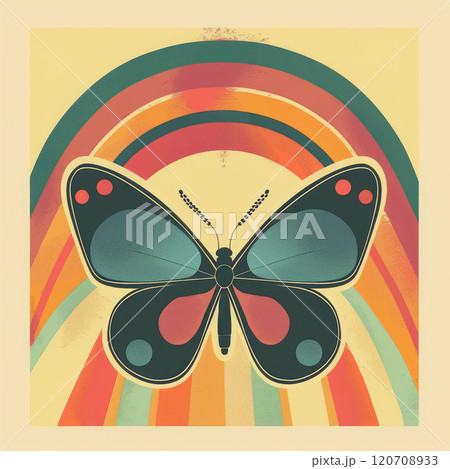Retro groovy butterfly and rainbow. 60s, 70s poster Retro groovy butterfly and rainbow. 60s, 70s poster 120708933