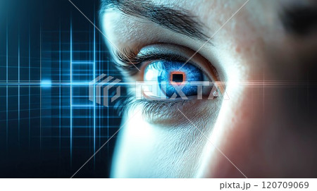 Biometric optical technology visualized with a futuristic holographic data patterns. The concept of advanced security, identity verification, and innovation in digital recognition. Generative AI. Biometric optical technology visualized with a futuristic holographic data patterns. The concept of advanced security, identity verification, and innovation in digital recognition. Generative AI. 120709069