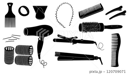 A set of tools and accessories for hair styling. Black and white silhouettes. 120709071
