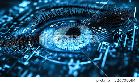 Biometric optical technology visualized with a futuristic holographic data patterns. The concept of advanced security, identity verification, and innovation in digital recognition. Generative AI. 120709094