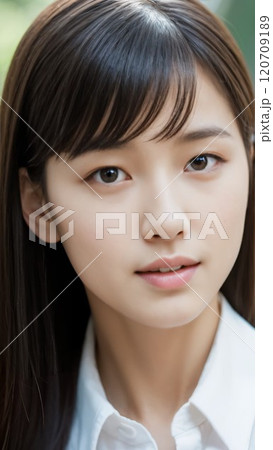 【9:16版】素肌が美しい女性の顔　正面　カメラ目線　前髪　ロングヘア　アジアン美女 120709189