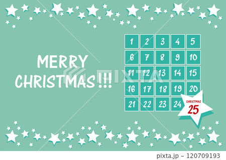 Horizontal advent calendar with a frame of white stars at the top and bottom on a green Horizontal advent calendar with a frame of white stars at the top and bottom on a green 120709193